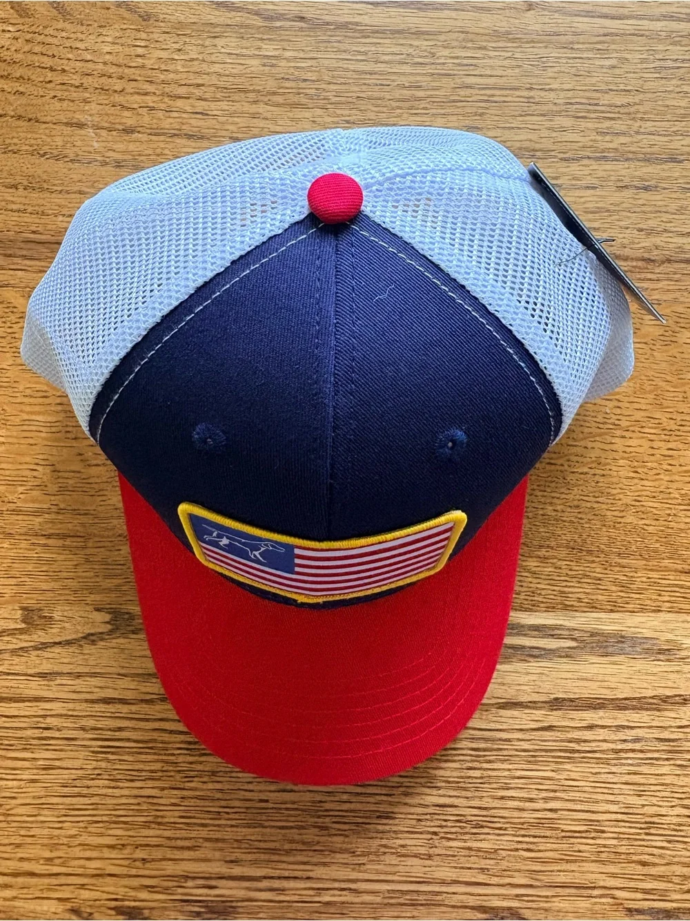 New with tags Fieldstone Mens Red & Navy Trucker Hat with Flag Patch- SnapBack